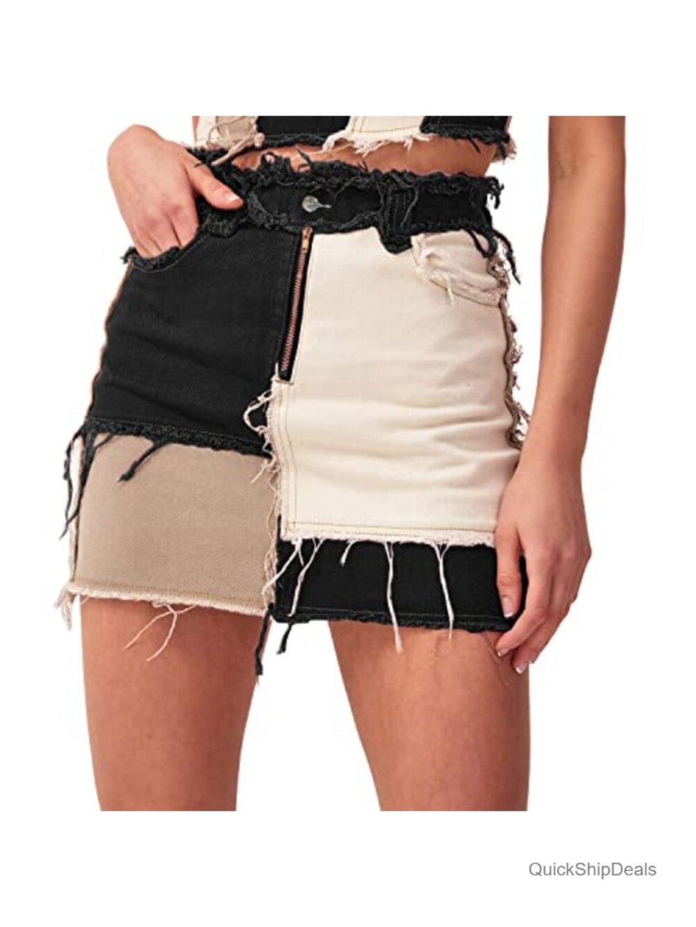Mid-Rise Patchwork Ripped Stretch Denim Mini Skirt